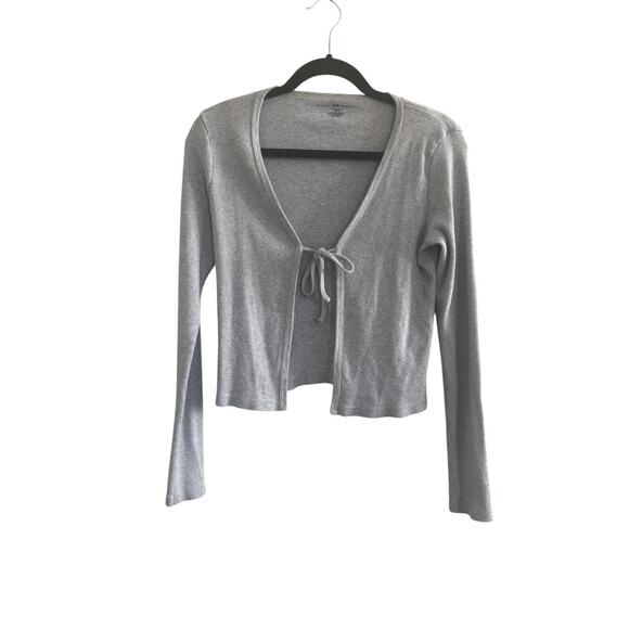 Brandy Melville one size Gray Ribbed Crop Long Sleeve Cardigan Tie #5059 - Picture 1 of 14